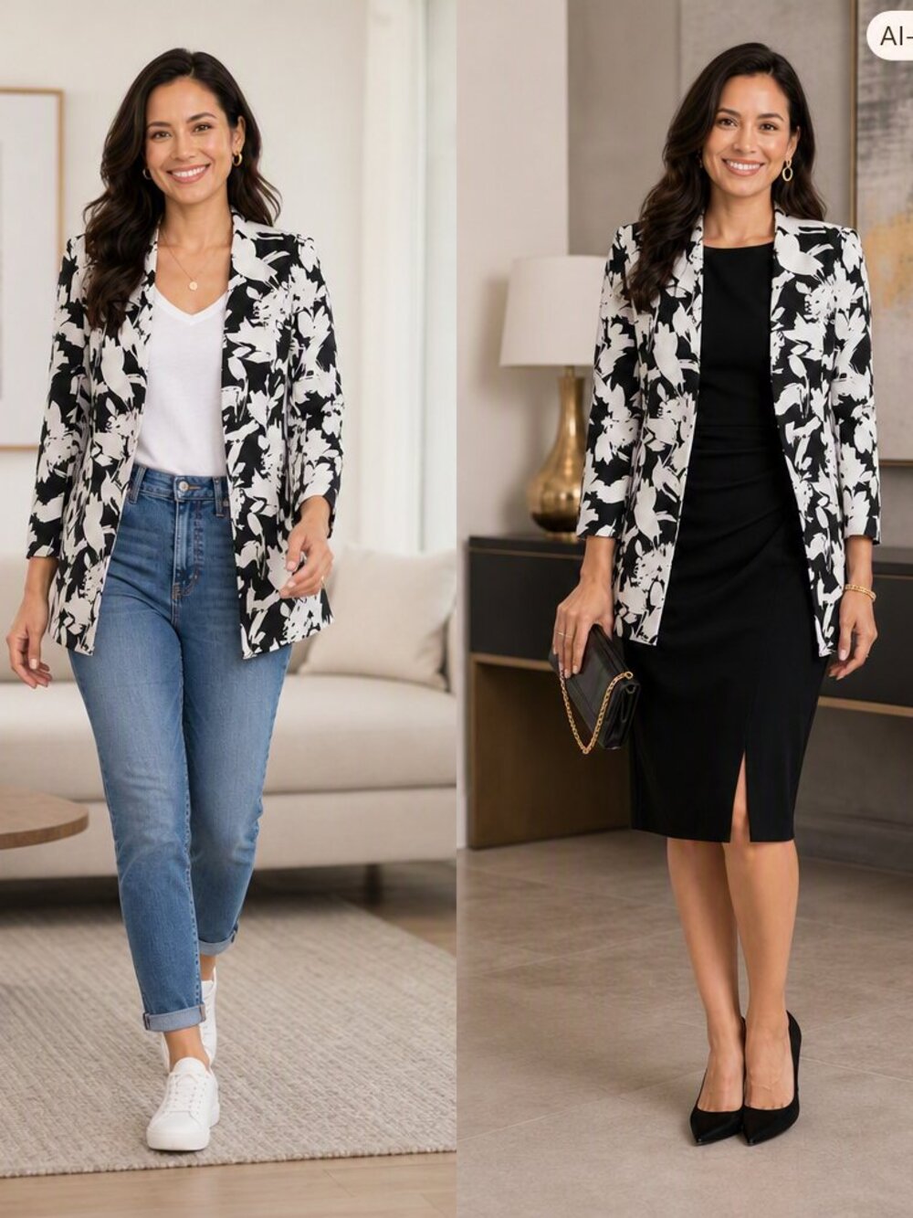 Kasper Black & White Floral Open‑Front Topper Jacket (Duster Coat) – Size 6 – M
